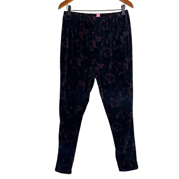 Woman Within Velour Floral Skinny Pants Size 18/20 Large Elastic Waistband Black - Picture 1 of 5